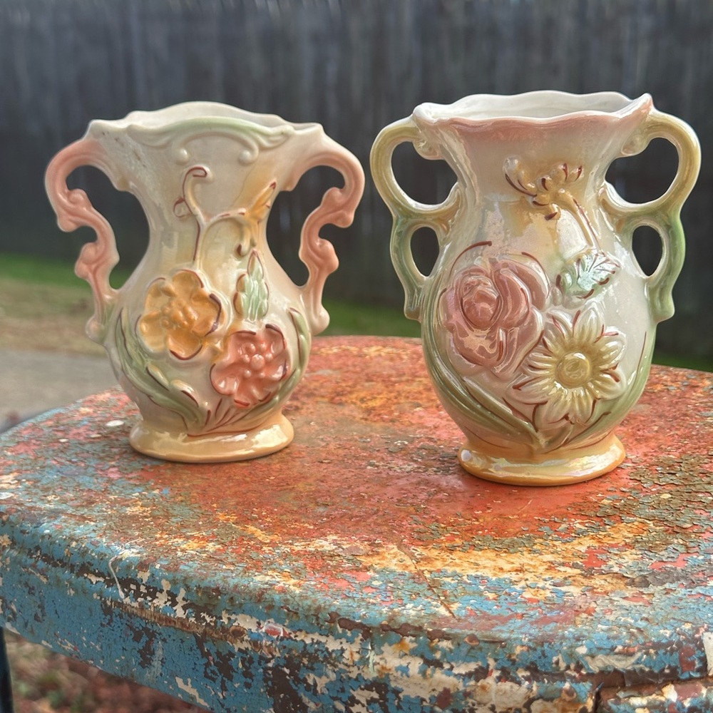 Vintage Brazilian Lusterware Floral Bud Vase with Two Handles